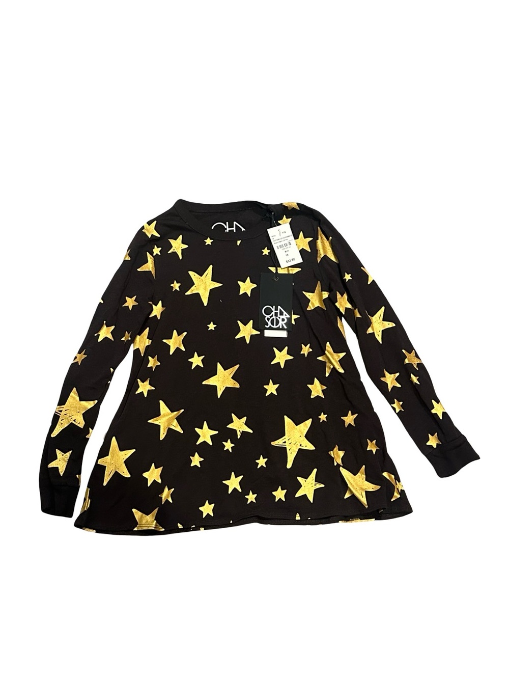 NWT Chaser Girls Size 10 Black Long Sleeve Top with a Gold Foil Star Print